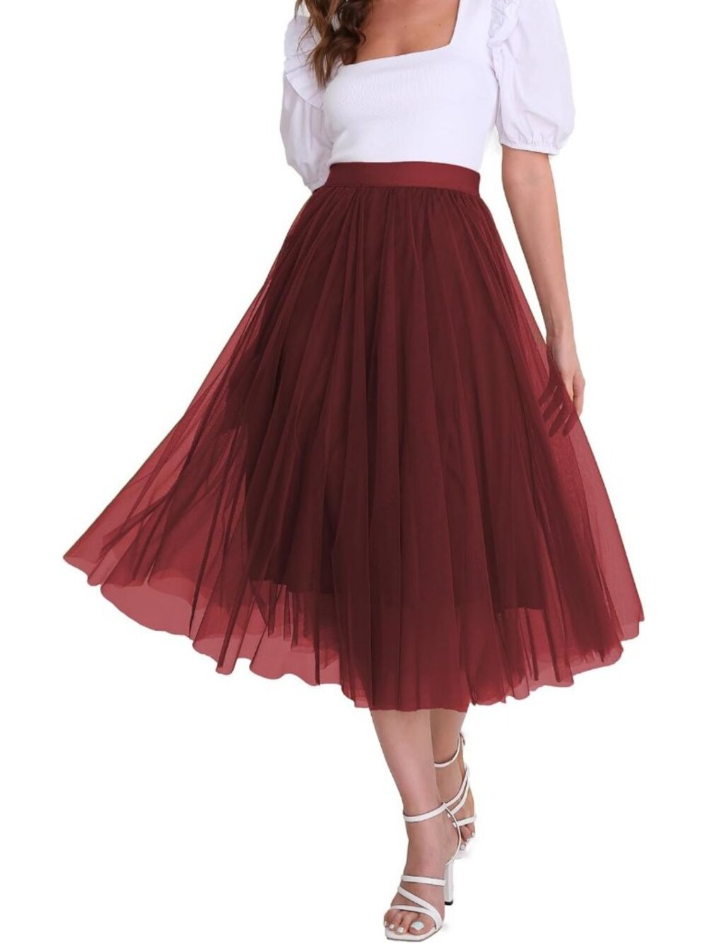 High Waist Tulle Midi Skirt - Pleated A-Line Party Dress, Flowy Mesh Tutu